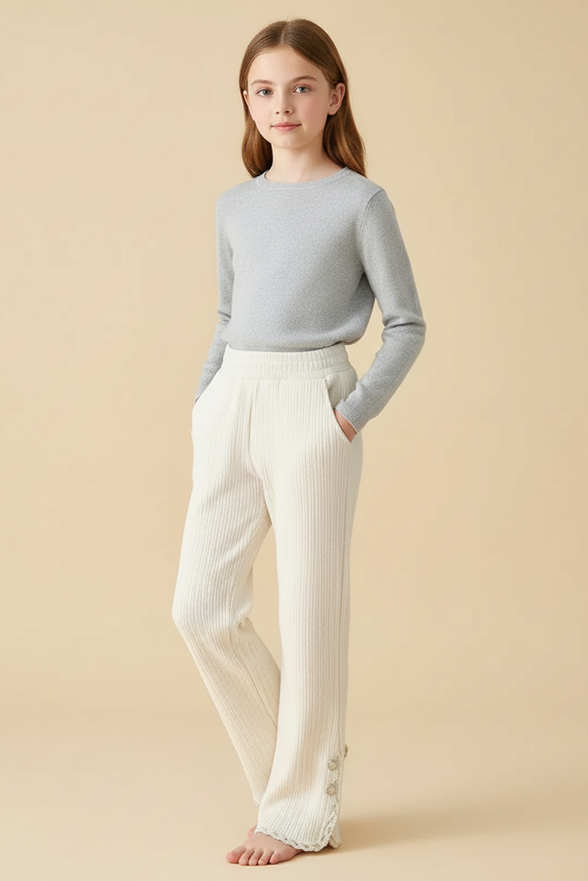 Pantalon Blanc Côtelé Ample Décontracté Dentelle Boutons - Cordé