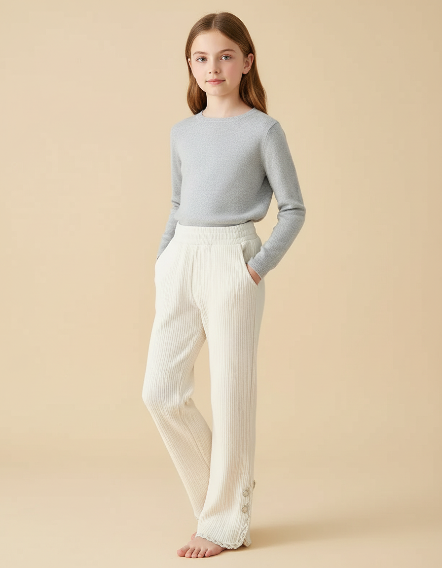Pantalon Blanc Côtelé Ample Décontracté Dentelle Boutons - Cordé