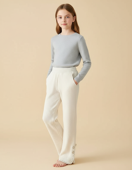 Pantalon Blanc Côtelé Ample Décontracté Dentelle Boutons - Cordé