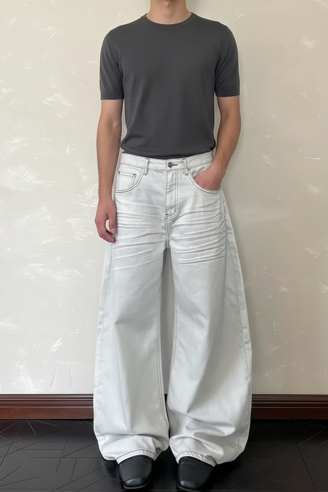Pantalon Blanc Large Décontracté Coton Y2K Homme - Jean