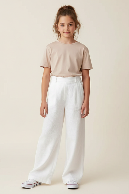 Pantalon Blanc Ample Lin Décontracté Fille Élégant