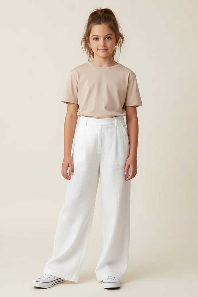 Pantalon Blanc Ample Lin Décontracté Fille Élégant