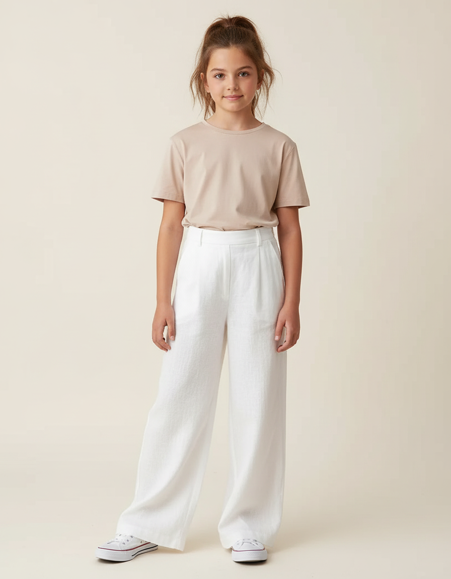 Pantalon Blanc Ample Lin Décontracté Fille Élégant