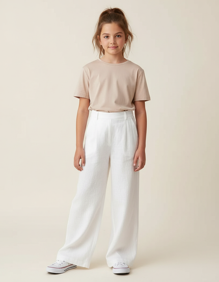 Pantalon Blanc Ample Lin Décontracté Fille Élégant