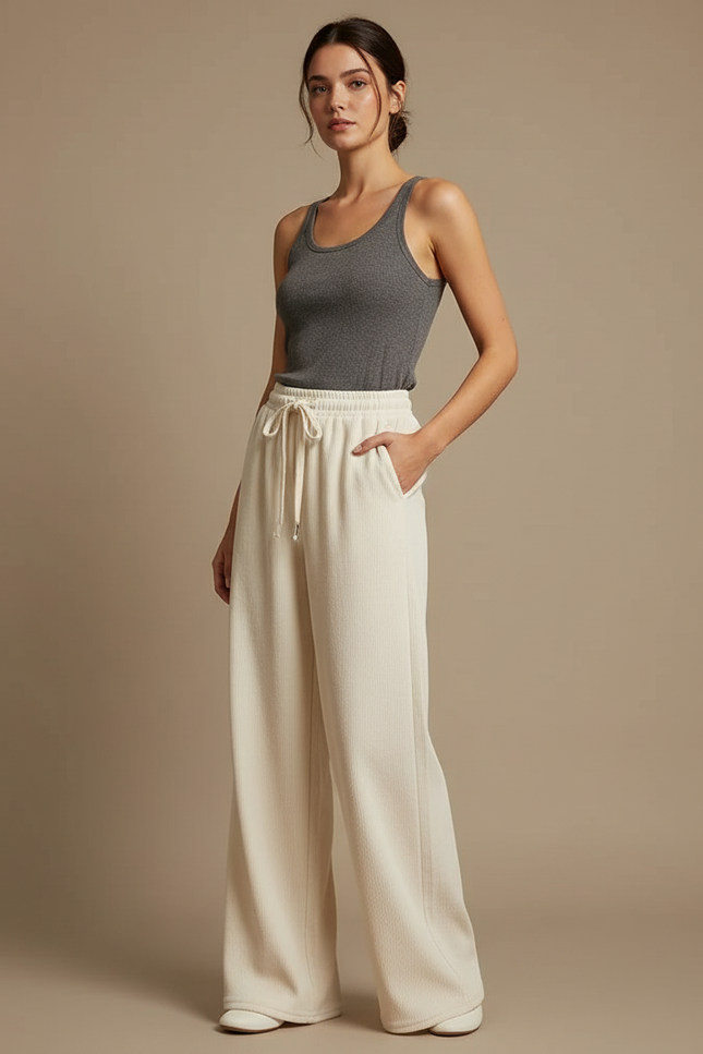 Pantalon Blanc Ample Côtelé Taille Haute Décontracté - Cordé