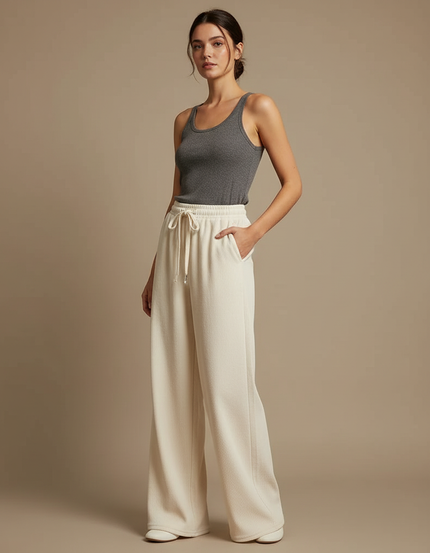 Pantalon Blanc Ample Côtelé Taille Haute Décontracté - Cordé