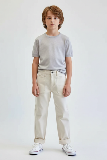 Pantalon Blanc Coton Canvas Décontracté Enfant Garçon - Beige Toile