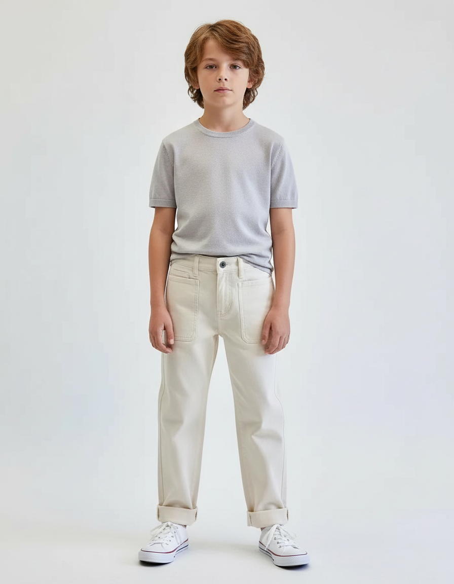 Pantalon Blanc Coton Canvas Décontracté Enfant Garçon - Beige Toile