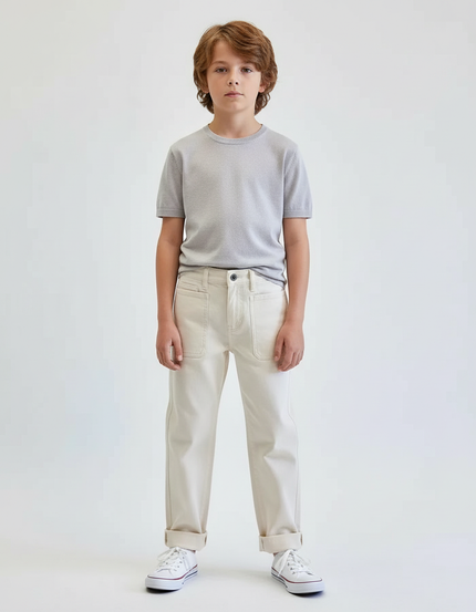 Pantalon Blanc Coton Canvas Décontracté Enfant Garçon - Beige Toile