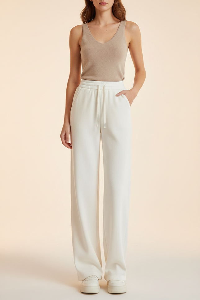 Pantalon Blanc Large Décontracté Cordon Épais - Molleton