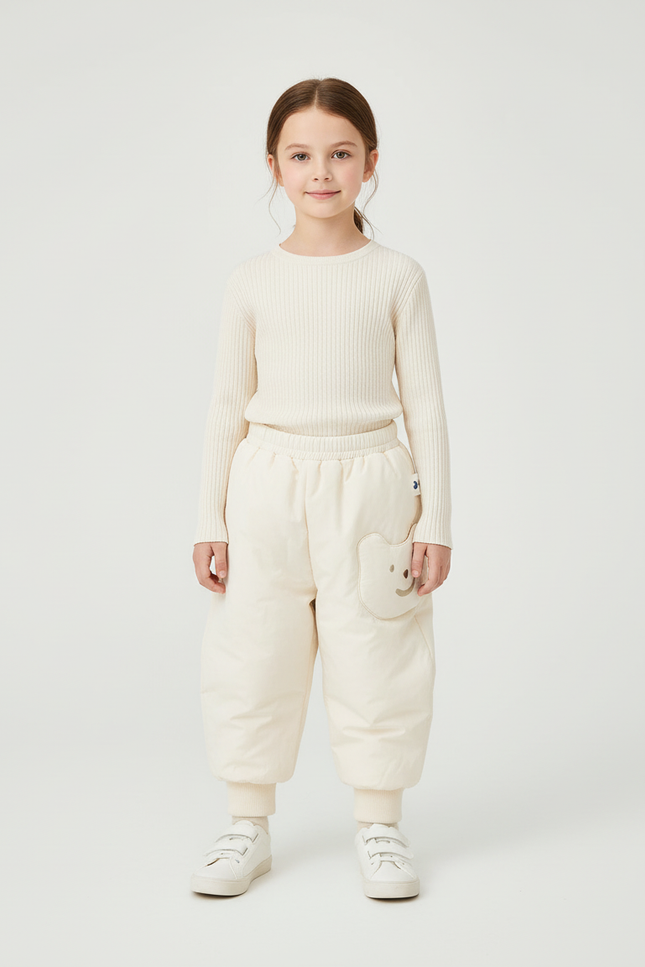 Pantalon Blanc Matelassé Ample Enfant Décontracté Hiver Mignon - Beige Polyester