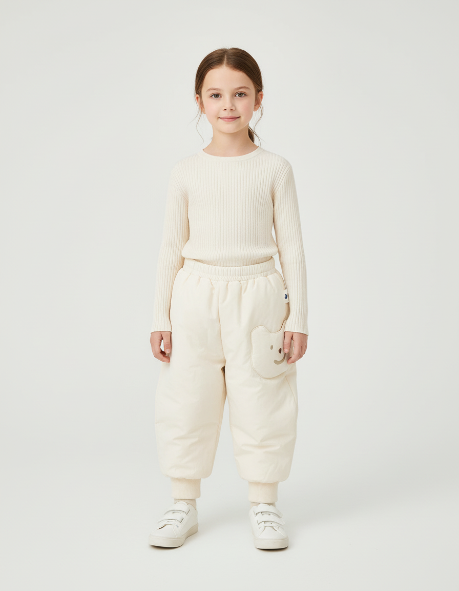 Pantalon Blanc Matelassé Ample Enfant Décontracté Hiver Mignon - Beige Polyester