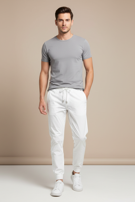 Pantalon Blanc Jogging Cordon Homme Coton Casual