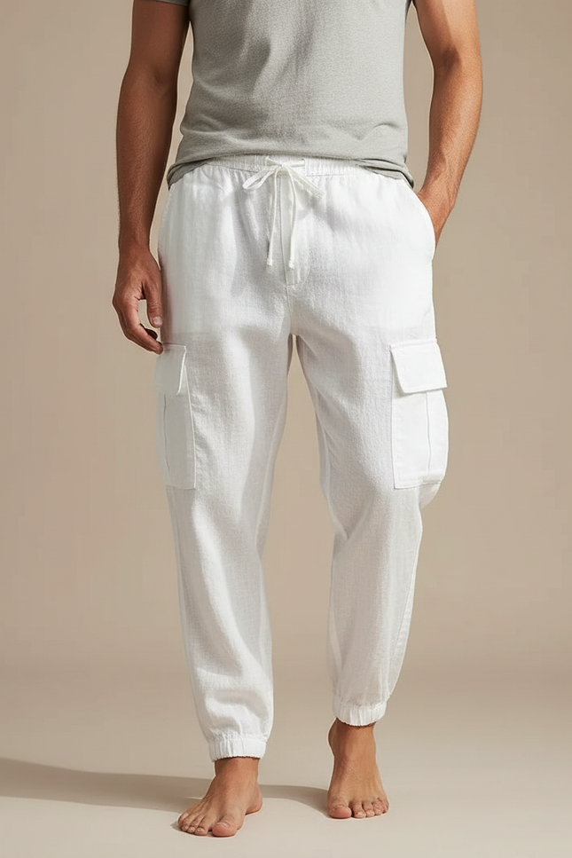 Pantalon Blanc Cargo Lin Cordon Décontracté Homme