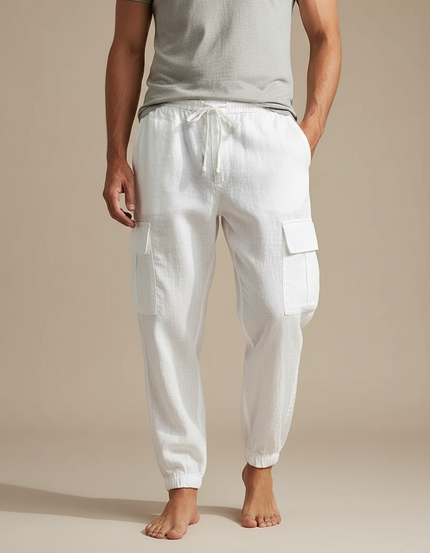 Pantalon Blanc Cargo Lin Cordon Décontracté Homme