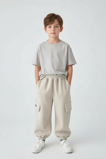 Pantalon Blanc Cargo Molletonné Ample Enfant - Beige