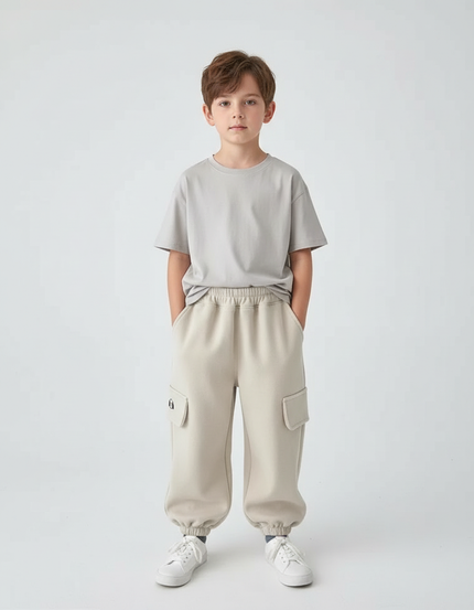 Pantalon Blanc Cargo Molletonné Ample Enfant - Beige