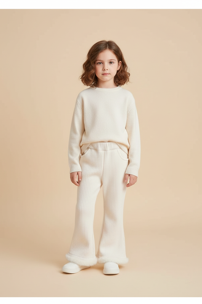 Pantalon Blanc Évasé Côtelé Doux Hiver Fourrure - Maille