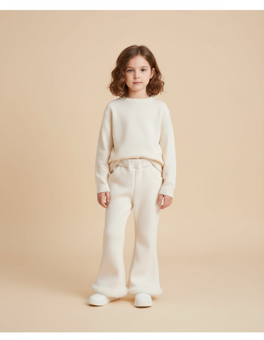 Pantalon Blanc Évasé Côtelé Doux Hiver Fourrure - Maille