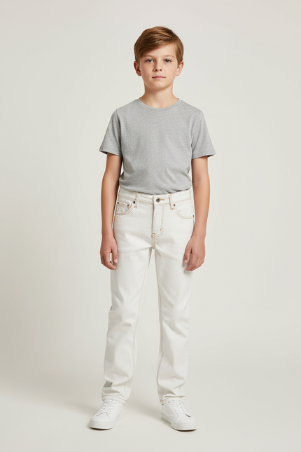 Pantalon Blanc Jeans Coupe Droite Décontracté Garçon