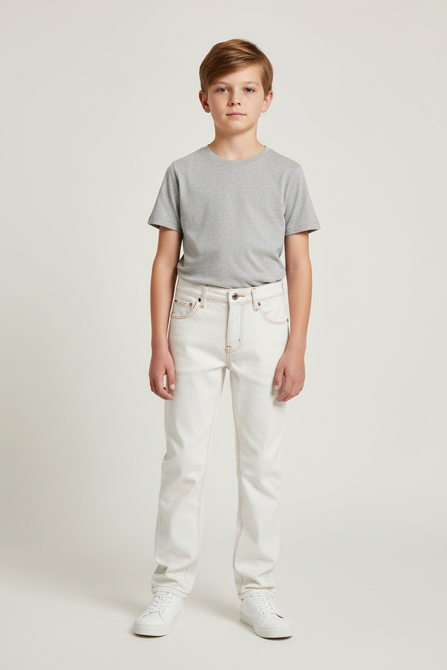Pantalon Blanc Jeans Coupe Droite Décontracté Garçon