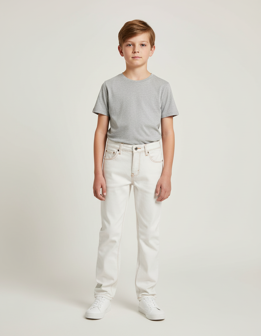 Pantalon Blanc Jeans Coupe Droite Décontracté Garçon