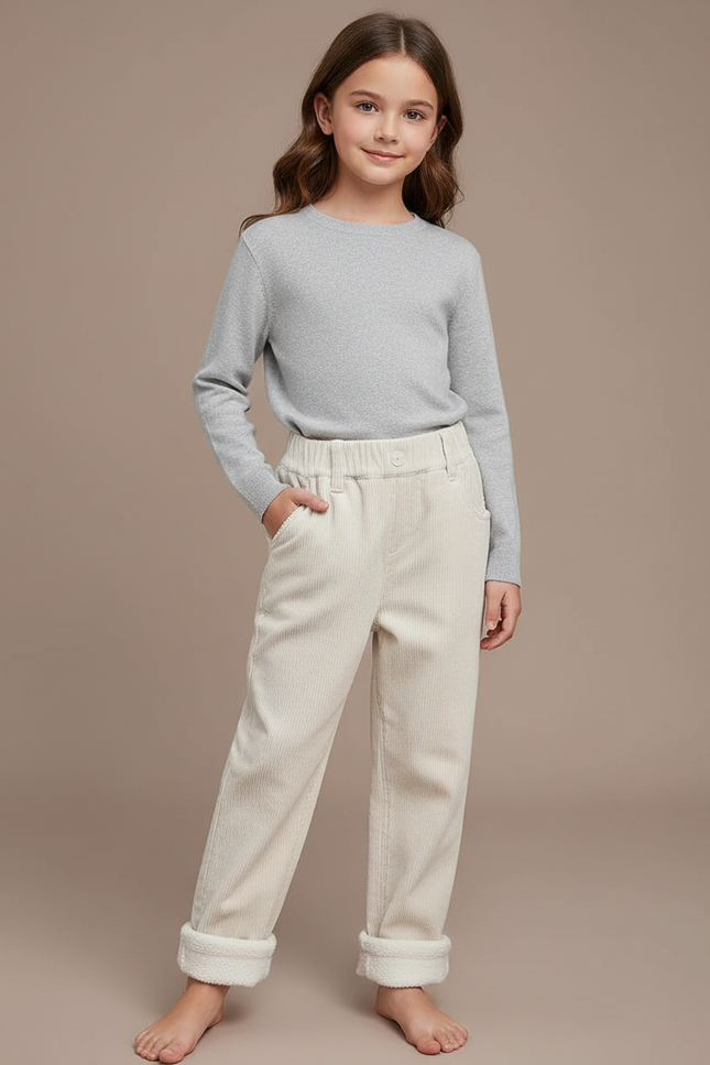 Pantalon Blanc Côtelé Enfant Ample Doublé Chaud - Beige Cordé