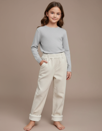 Pantalon Blanc Côtelé Enfant Ample Doublé Chaud - Beige Cordé