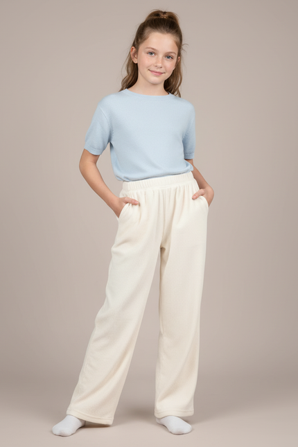 Pantalon Blanc Côtelé Ample Décontracté Enfant Doux - Beige Cordé