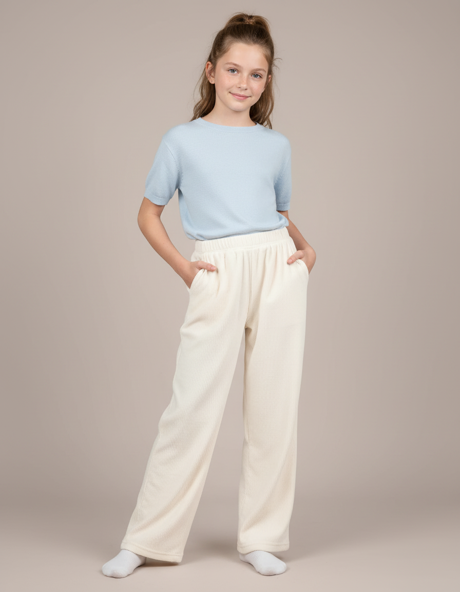 Pantalon Blanc Côtelé Ample Décontracté Enfant Doux - Beige Cordé