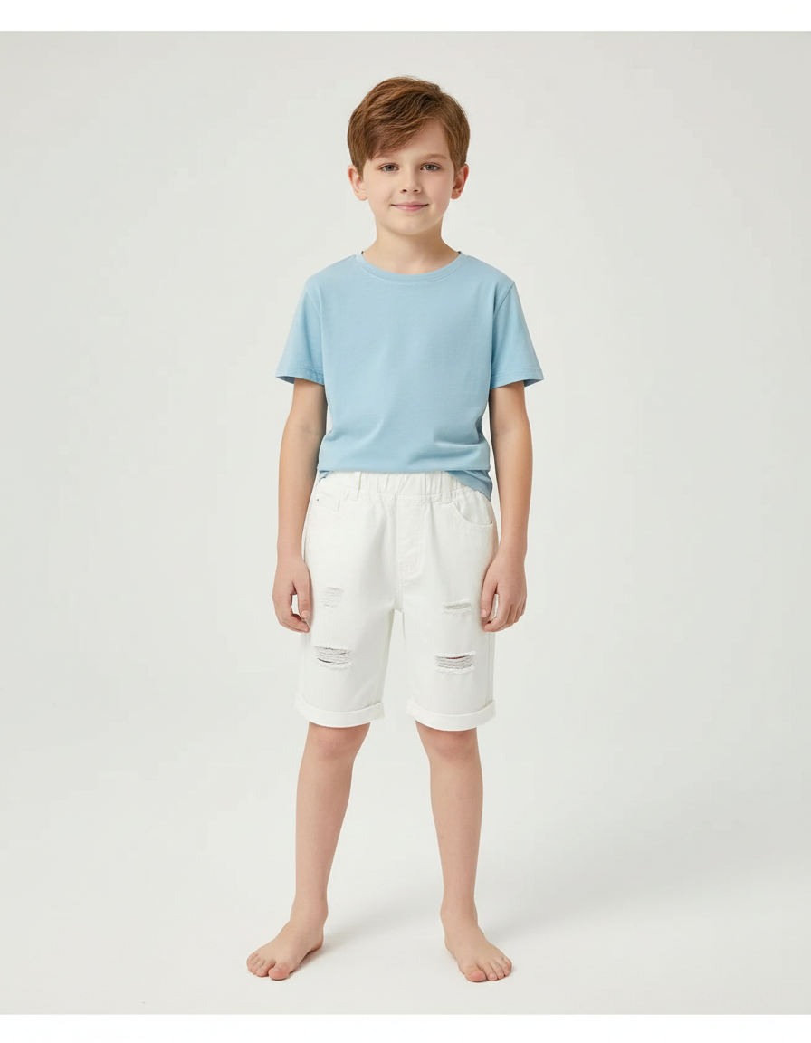 Pantalon Blanc Garçon Court Déchiré Décontracté Été - Jean