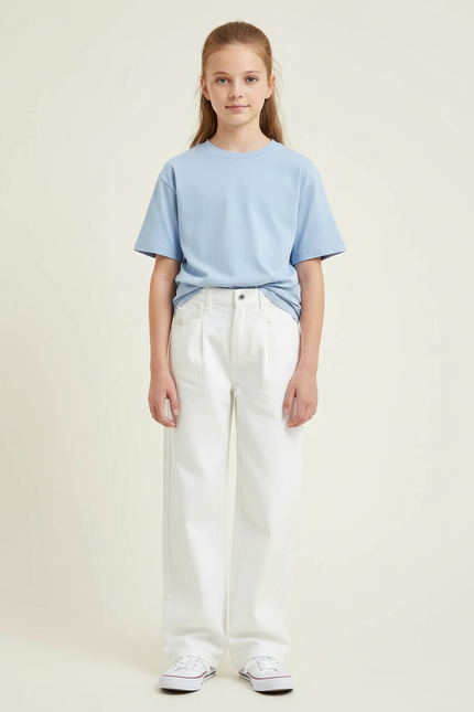 Pantalon Blanc Jean Ample Taille Haute Fille