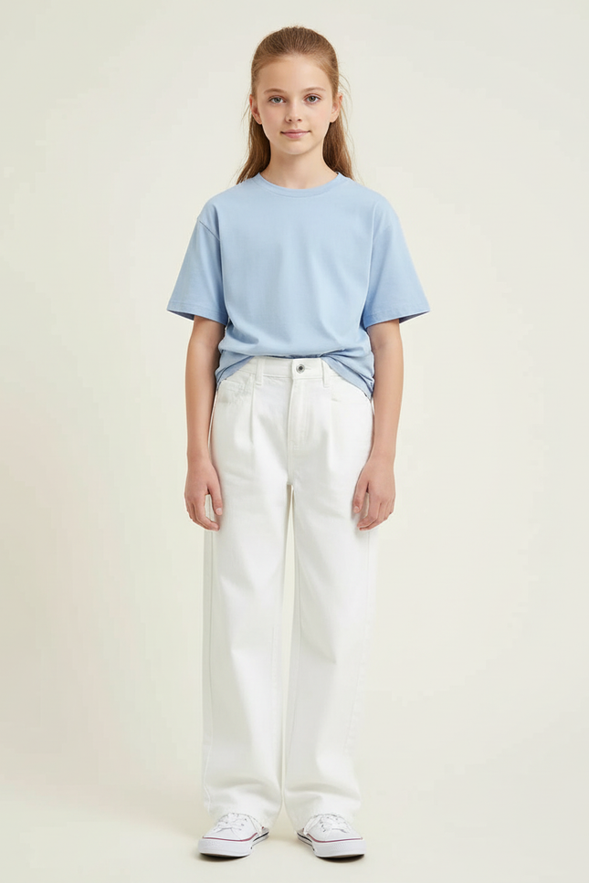 Pantalon Blanc Jean Ample Taille Haute Fille
