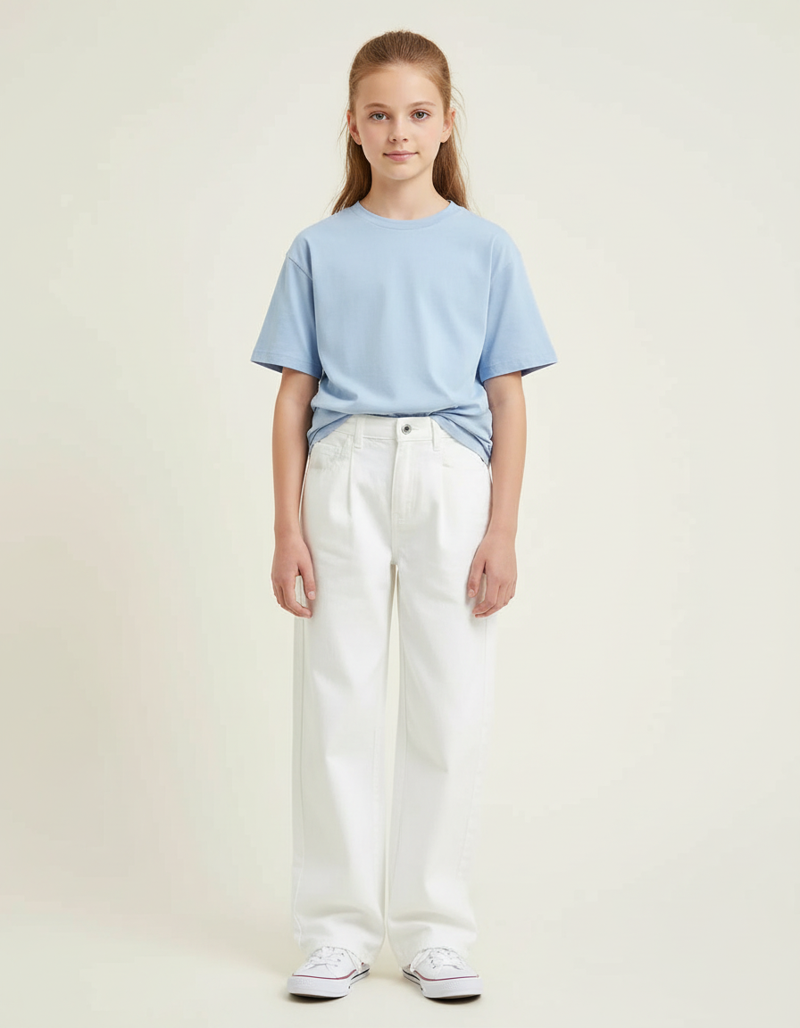 Pantalon Blanc Jean Ample Taille Haute Fille
