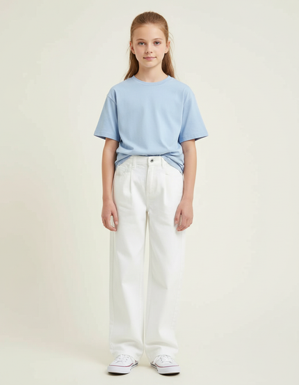 Pantalon Blanc Jean Ample Taille Haute Fille