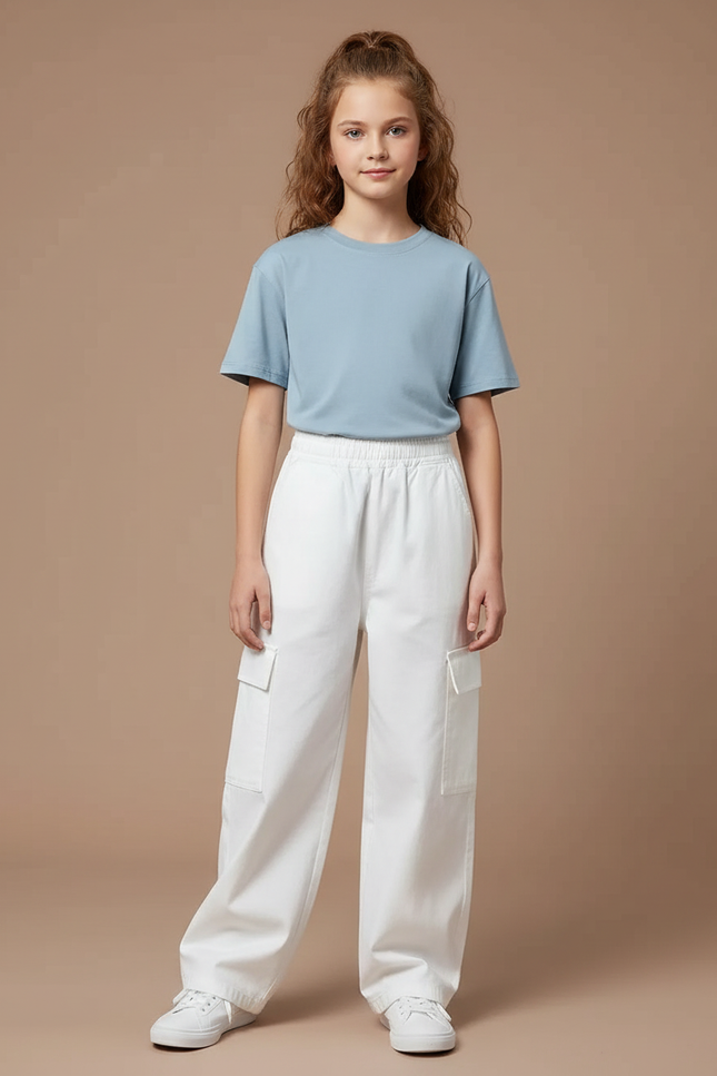 Pantalon Blanc Ample Cargo Décontracté Fille - Toile
