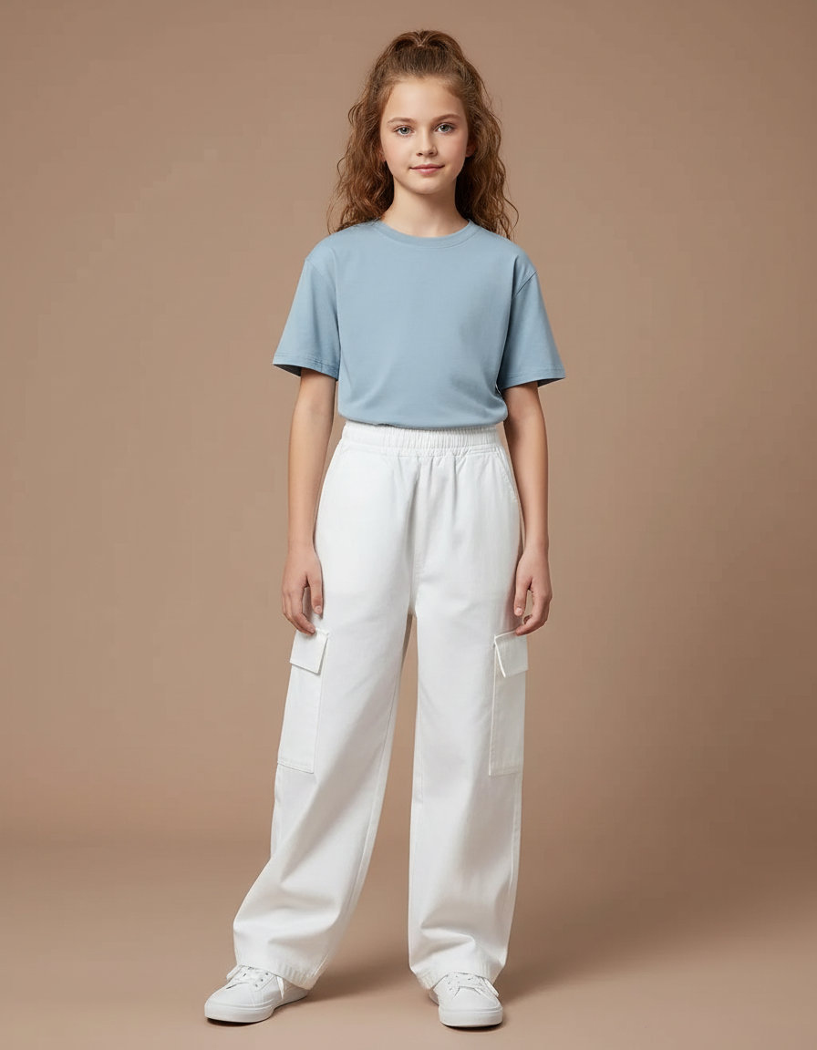 Pantalon Blanc Ample Cargo Décontracté Fille - Toile