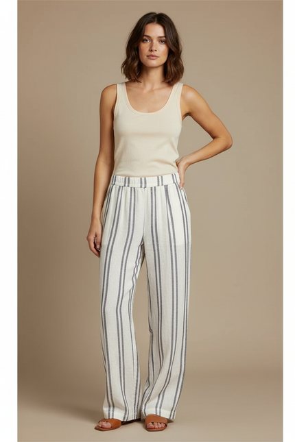Pantalon En Lin Raye Bleu Et Blanc - Multicolore