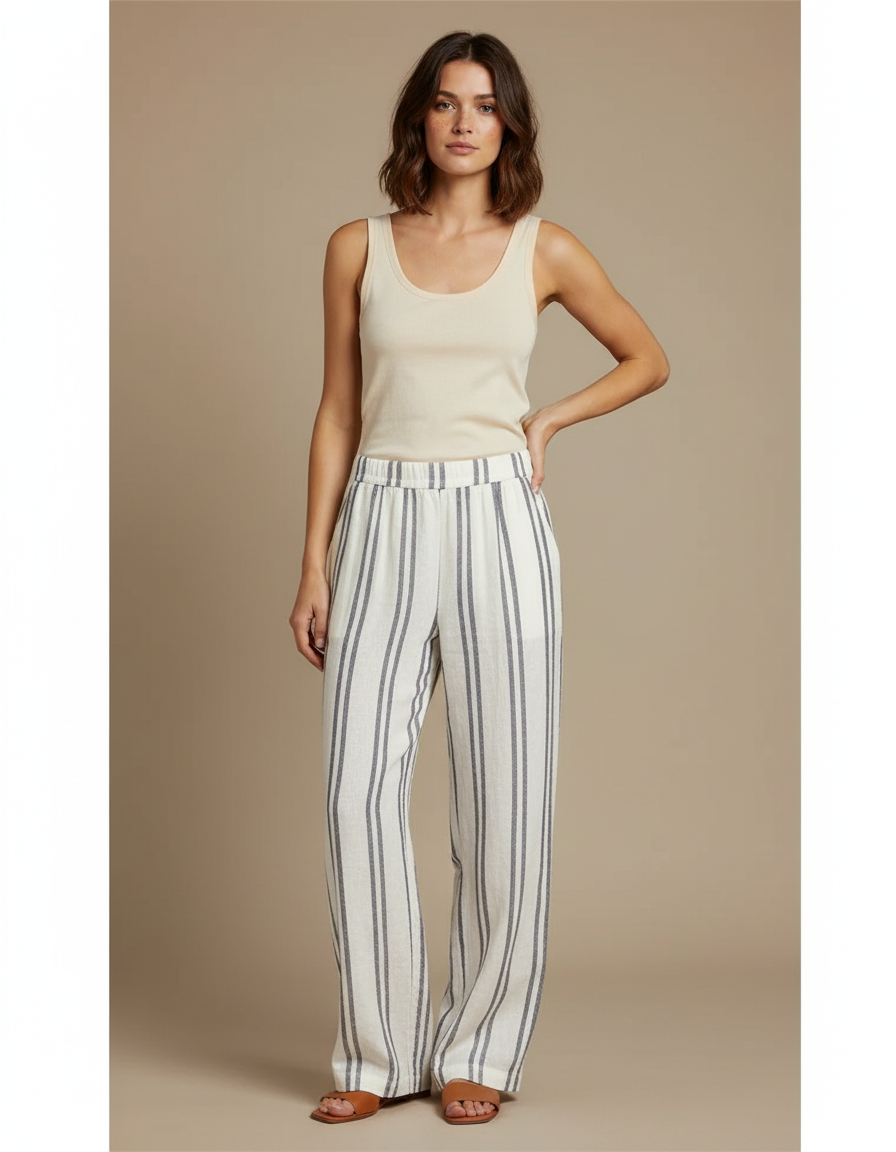 Pantalon En Lin Raye Bleu Et Blanc - Multicolore