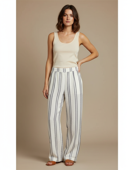 Pantalon En Lin Raye Bleu Et Blanc - Multicolore
