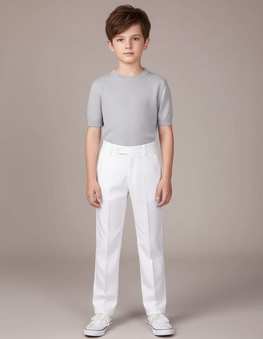 Pantalon Blanc Droit Élégant Cérémonie Garçon Ajusté - Gabardine