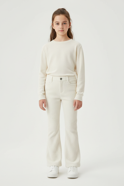 Pantalon Blanc Côtelé Évasé Confortable Enfant - Cordé