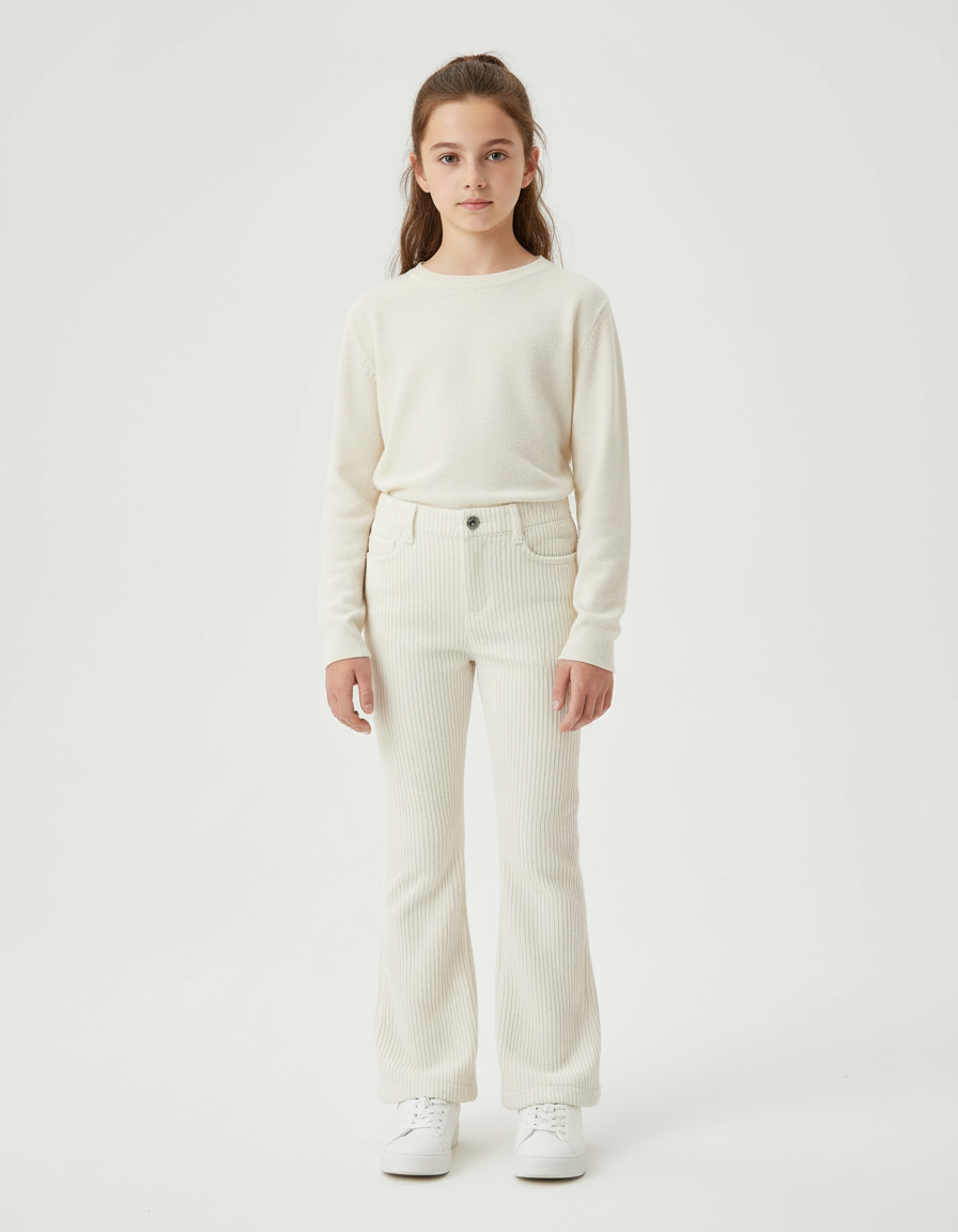 Pantalon Blanc Côtelé Évasé Confortable Enfant - Cordé