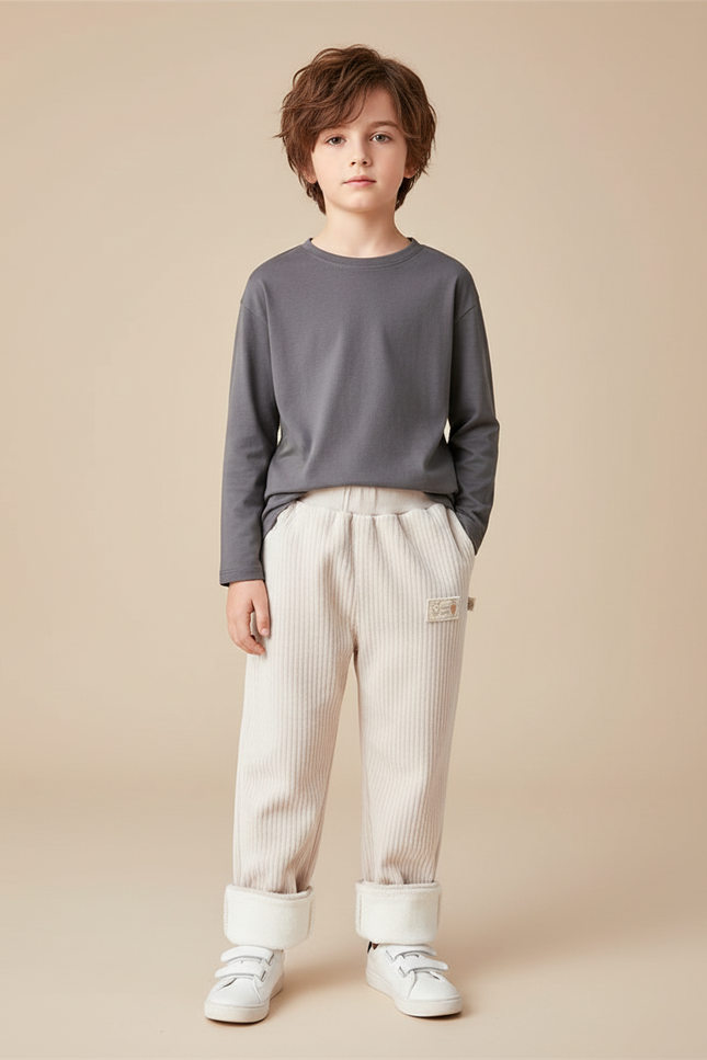 Pantalon Blanc Côtelé Ample Doublé Doux Enfant - Beige Cordé