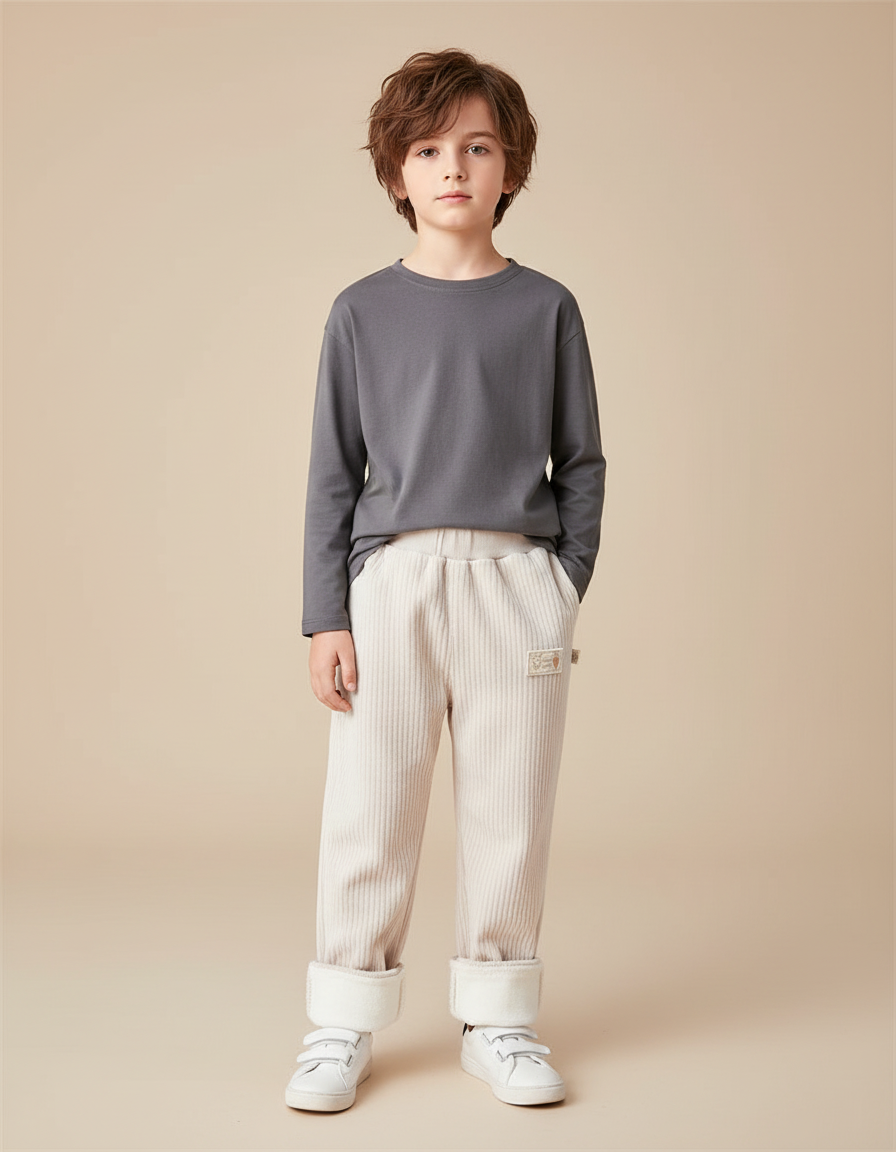 Pantalon Blanc Côtelé Ample Doublé Doux Enfant - Beige Cordé