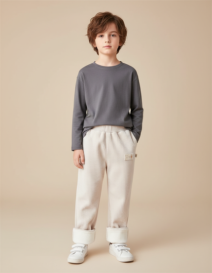 Pantalon Blanc Côtelé Ample Doublé Doux Enfant - Beige Cordé