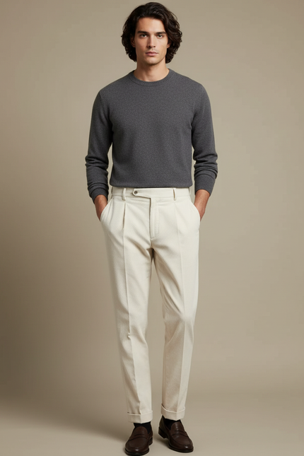 Pantalon Blanc Côtelé Plissé Droit Homme Élégant - Beige Cordé