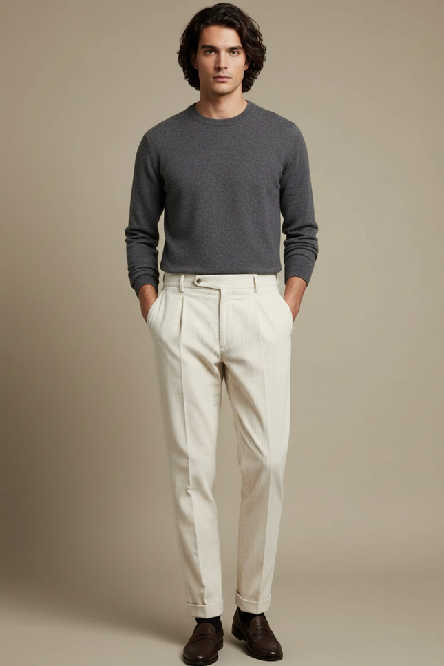 Pantalon Blanc Côtelé Plissé Droit Homme Élégant - Beige Cordé