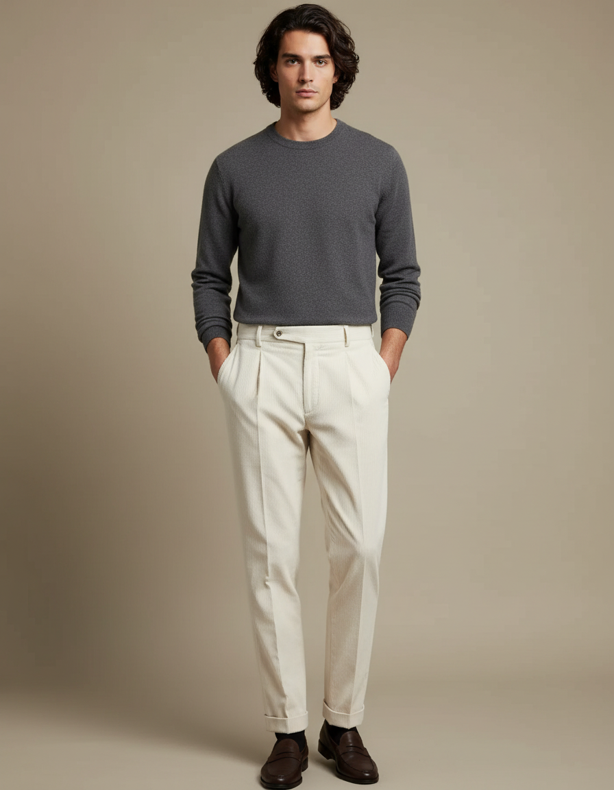Pantalon Blanc Côtelé Plissé Droit Homme Élégant - Beige Cordé