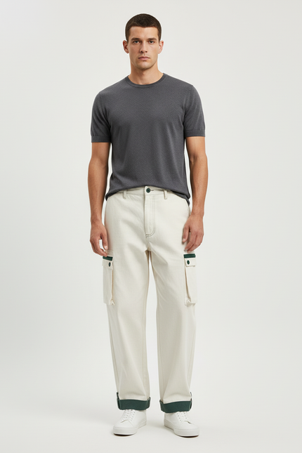 Pantalon Blanc Cargo Ample Coton Homme Streetwear - Toile